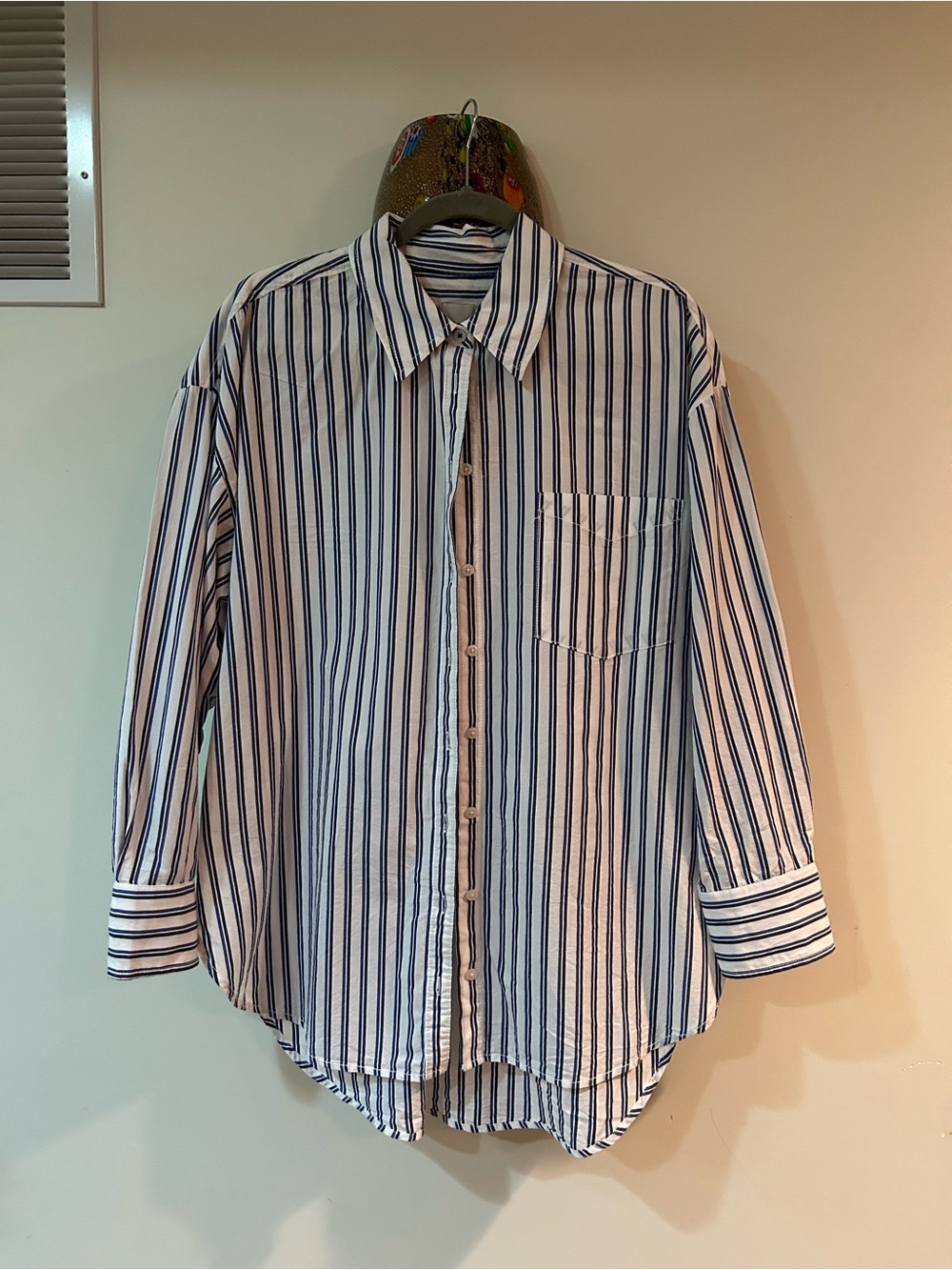 Maeve White and Blue Vertical Stripe Button-Up Blouse. Worn once - Picture 1 of 4